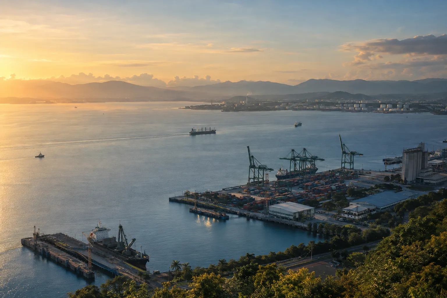 Coastal port and shipping channel in Southeast Asia