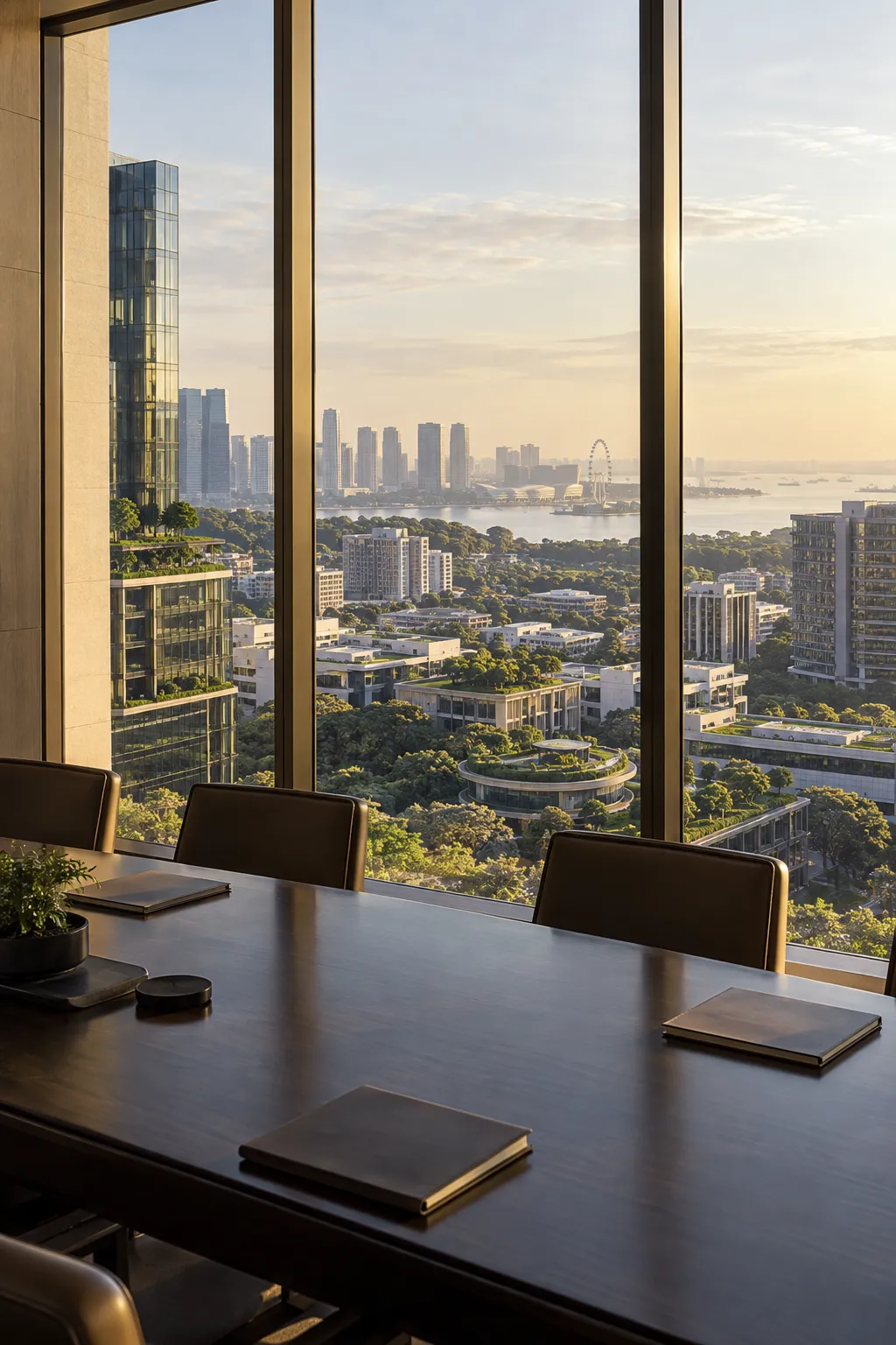 Institutional meeting room overlooking a city skyline